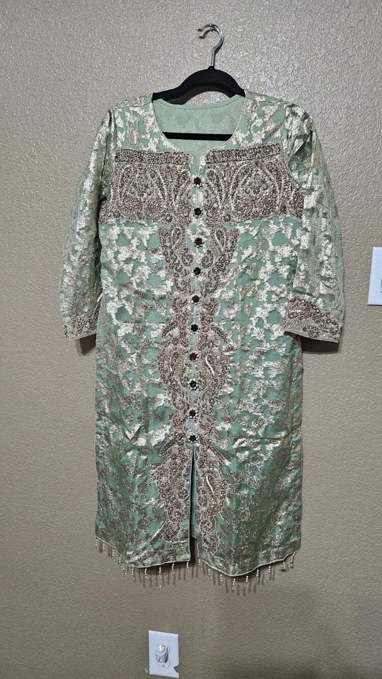Fancy Pakistani Kameez Trouser Dupatta Tailored Green Gold Medium Fit
